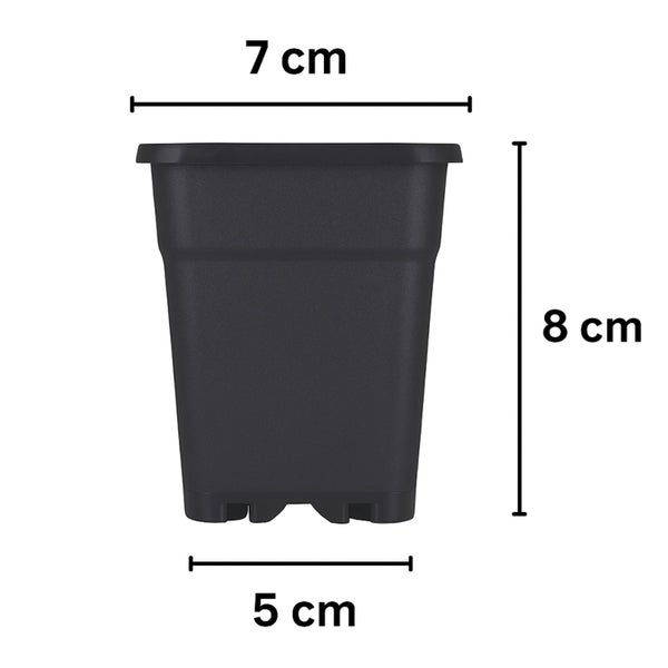 Eckiger Pflanztopf mit den Maßen: Breite oben 7 Zentimeter, Breite unten 5 Zentimeter und Höhe 8 Zentimeter.