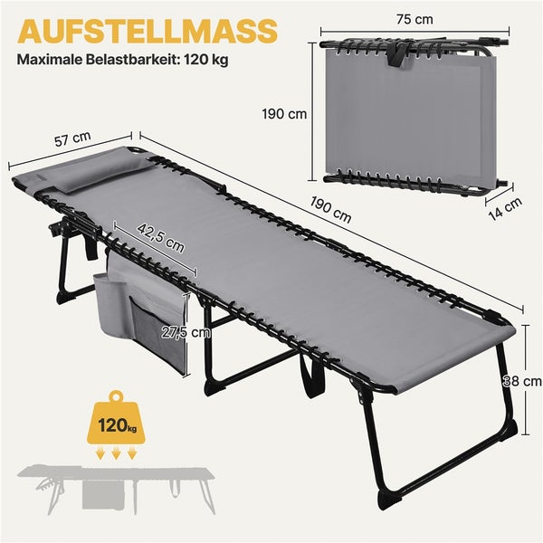 Abmessungen und maximale Belastbarkeit einer grauen Liege
