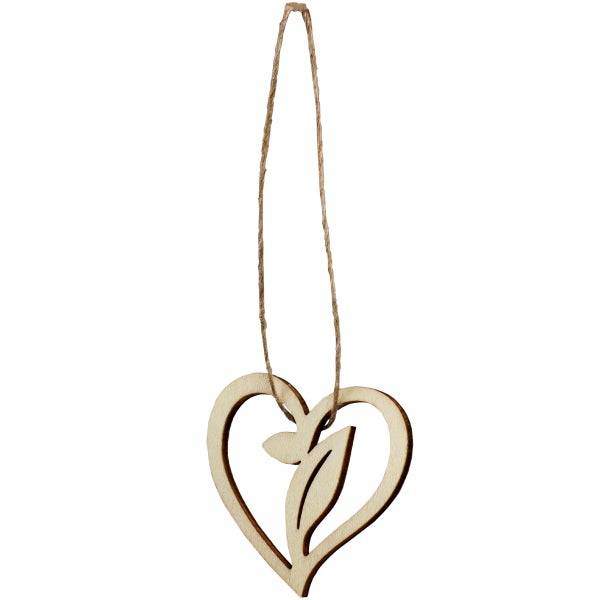 Herzförmiger Holzanhänger mit Blattmotiv und Kordel zum Aufhängen