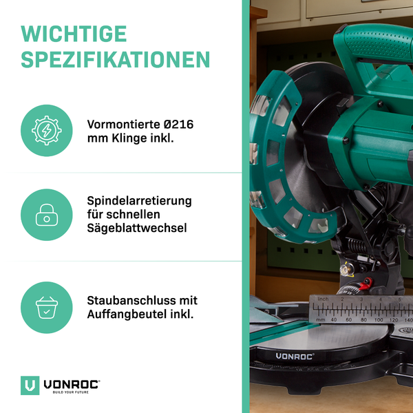 Vonroc Paneelsäge mit 1700 Watt Motor, Laserführung und Tiefenanschlag beim Schneiden eines Holzbalkens in einem Winkel von bis zu 45 Grad.