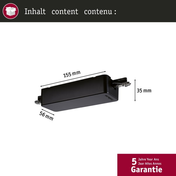 Schwarzes Paulmann Netzteil mit den Maßen 155 Millimeter mal 56 Millimeter mal 35 Millimeter und 5 Jahre Garantie.