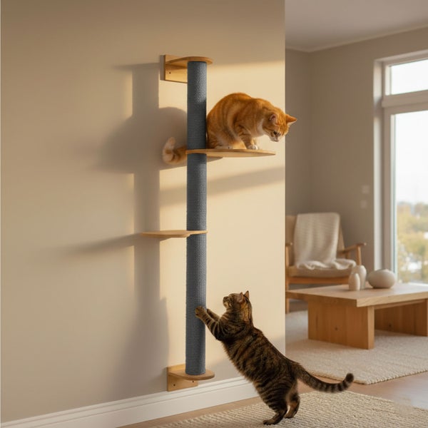 Wandkratzbaum mit Sisalstamm und zwei Liegeplattformen für Katzen in einem modernen Wohnzimmer