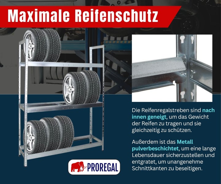 Proregal Reifenregal aus pulverbeschichtetem Metall mit drei Ebenen. Die nach innen geneigten Streben schützen die Reifen und tragen das Gewicht.