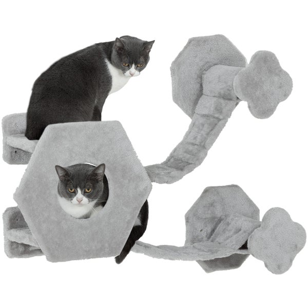 PawHut Katzen Kletterwand, Katzenliege mit Stufen, Katzenhöhle, Sprungturm, Spielzeugball, Katzenplattform für Katzen bis 5 kg, Hellgrau