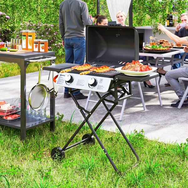 Outsunny Gasgrill 5,6 KW Grillwagen inkl 2 Edelstahl-Brenner klappbar Seitenablagen Rolle Druckminderer Gasschlauch Deckel Thermometer, BBQ Gartengrill für Balkon, Camping-Grill 101 x 50 x 102 cm