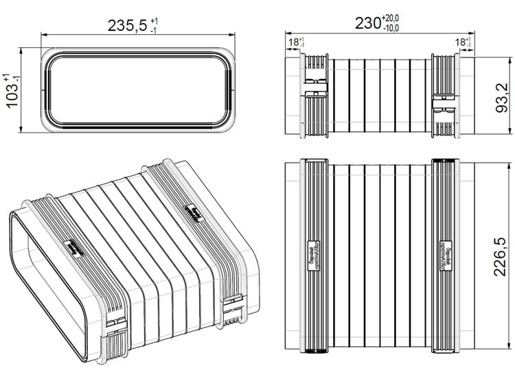 Technische Zeichnung mit Maßangaben eines flexiblen Flachkanals für Lüftungssysteme mit Anschlussmaßen.