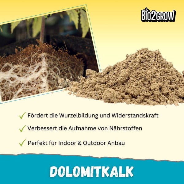 Bio2Grow Dolomitkalk zur Förderung der Wurzelbildung und Nährstoffaufnahme für den Innen- und Außenbereich.