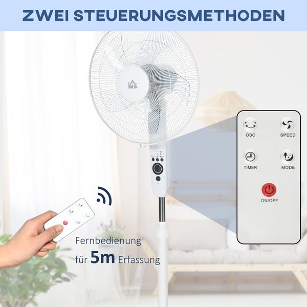 Weißer Standventilator mit HOMCOM Logo, Fernbedienung mit 5 Meter Reichweite und Bedienfeld für Oszillation, Geschwindigkeit, Timer und Modus.