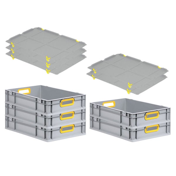 PROREGAL Spar Set 5x Eurobox Nextgen Color Mit Auflagedeckel & Schiebeschnappverschlüsse HxBxT 12 x 40 x 60 cm Griffe Gelb Offen Glatter Boden