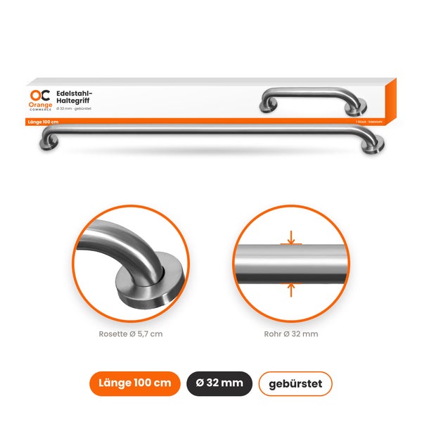 Orange Commerce Edelstahl Haltegriff 100 cm mit 32 Millimeter Rohrdurchmesser und 5,7 Zentimeter Rosetten