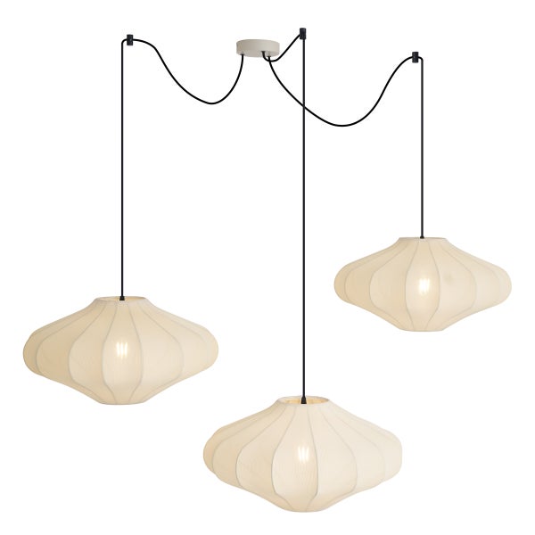 Dreiflammige Pendelleuchte mit gerippten Textilschirmen und schwarzen, verstellbaren Kabeln.