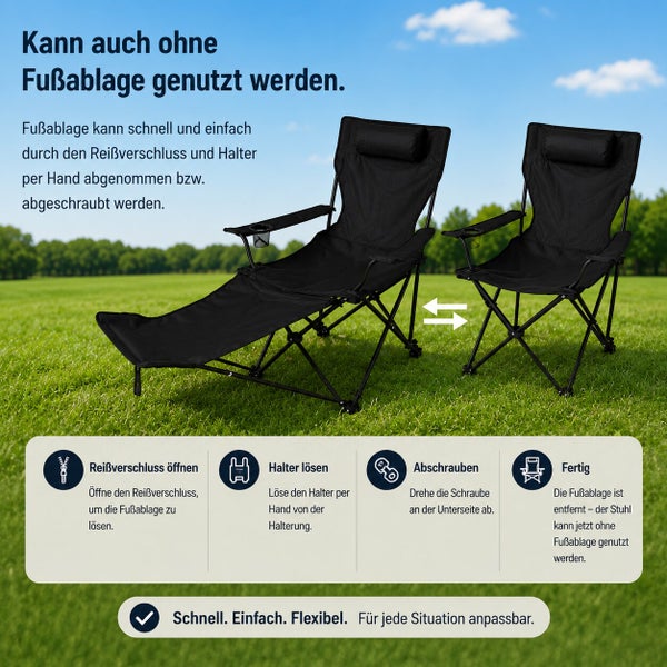 Klappstuhl mit abnehmbarer Fußablage, verstellbar, für Camping und Garten, inklusive Anleitung zur Demontage der Fußstütze.