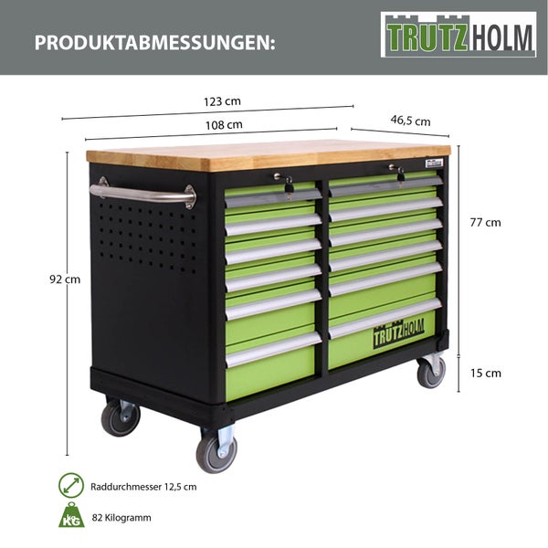 Werkbank von TrutzHolm mit Schubladen und Produktabmessungen