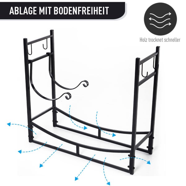 Outsunny Kaminholzregal, mit 4 Haken, 2 Schichten, 84 x 33 x 76 cm, Metall, Schwarz