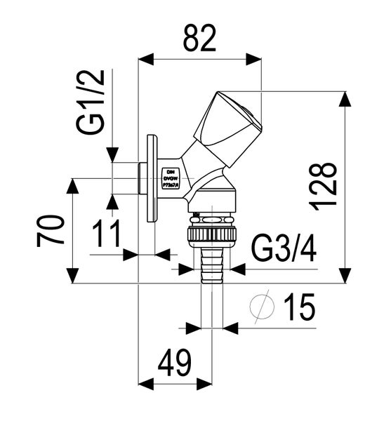 Maßzeichnung eines Zapfventils mit Maßen 82 Millimeter mal 128 Millimeter, Gewinden G 1/2 und G 3/4 sowie DIN DVGW Prüfzeichen.