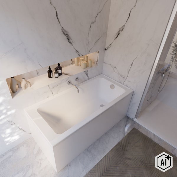 Modernes Badezimmer mit weißer Badewanne, Duschkabine und Wänden in Marmoroptik mit einer beleuchteten Nische als Ablagefläche für Badutensilien.