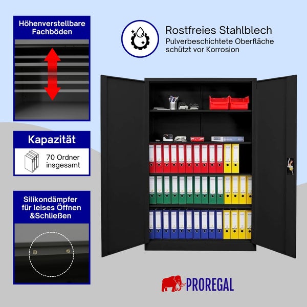 Schwarzer Stahlschrank mit zwei offenen Türen, höhenverstellbaren Fachböden, Platz für 70 Ordner, Silikondämpfern und pulverbeschichteter Oberfläche.