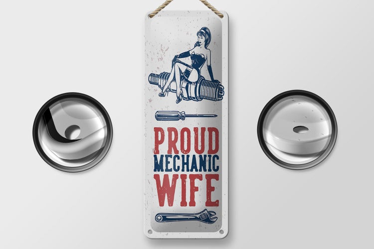 Blechschild Spruch Pinup Proud mechanic wife 10x27cm Dekoration