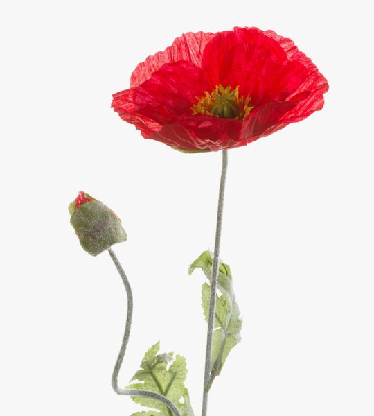 Künstliche Mohnblume in Rot mit einer Blüte, einer Knospe und gezackten grünen Blättern.