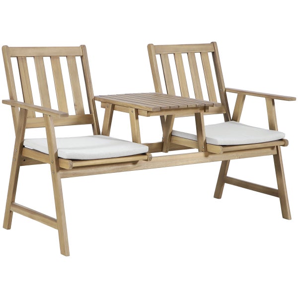 Gartenbank aus Holz mit zwei Sitzen, integriertem Tisch in der Mitte und weißen Sitzkissen.