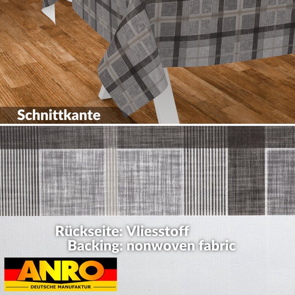 Wachstuch-Tischdecke mit Karomuster in Leinenoptik, Schnittkante und Vliesstoff-Rückseite. ANRO Deutsche Manufaktur Logo.