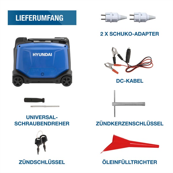 Lieferumfang Hyundai Inverter Stromerzeuger mit Schuko Adapter DC Kabel Schraubendreher Zündkerzenschlüssel Zündschlüssel und Öleinfülltrichter