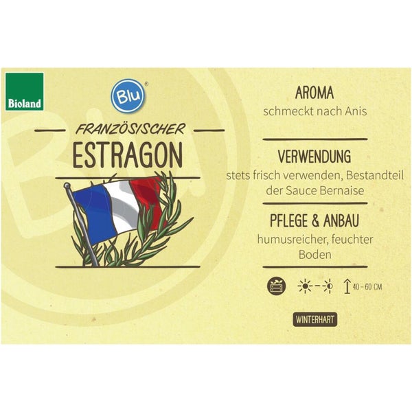 Blu Bio Französischer Estragon Produktetikett mit Informationen zu Aroma, Verwendung, Pflege und Bioland Logo.