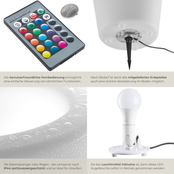 LED-Kugelleuchte Merkmale: Fernbedienung inklusive Batterie, Erdspieß zur Befestigung, IP44 Spritzwasserschutz und inklusivem LED-Leuchtmittel.