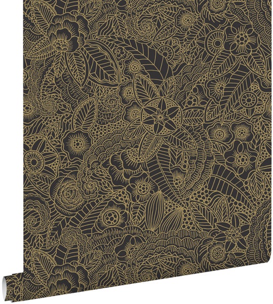 ESTAhome Tapete Blumenzeichnungen Schwarz und Gold - 53 cm x 10.05 m - 139563