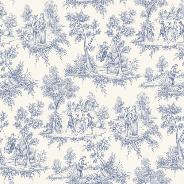 Vliestapete mit Toile-de-Jouy-Muster, historische pastorale Szenen mit Personen und Bäumen im Landhausstil.