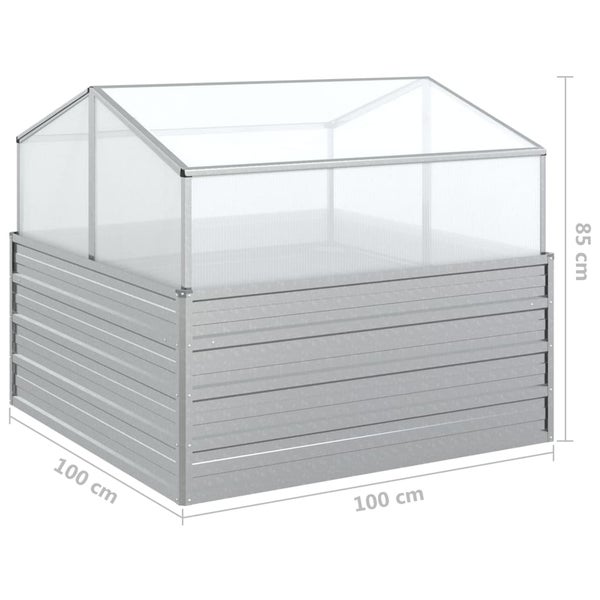 Quadratisches Hochbeet aus Metall mit Frühbeetaufsatz und transparenten Platten, Maße 100 x 100 x 85 Zentimeter.
