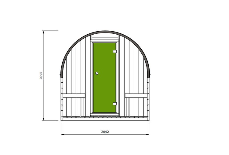 Beleuchtete Gartensauna in Bogenform aus Holz mit Glasfront und Dachschindeln auf einer gepflasterten Terrasse in einem weitläufigen Garten.