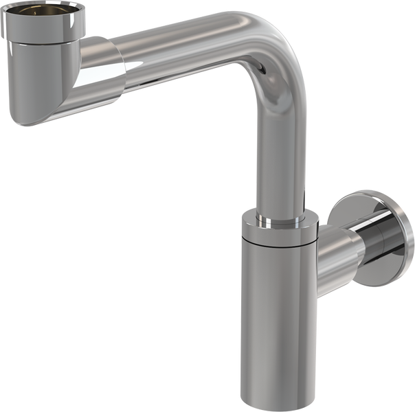 Flaschensiphon aus verchromtem Metall mit L-förmigem Anschlussrohr und Wandrosette.