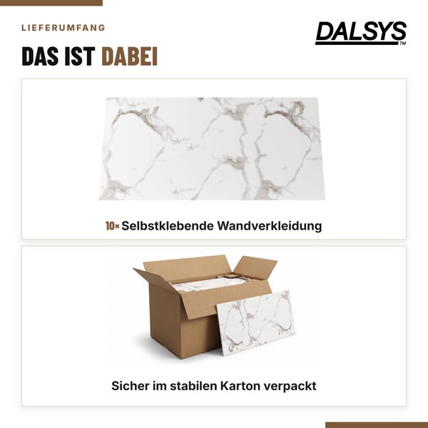 Lieferumfang von Dalsys selbstklebender Wandverkleidung mit Marmoroptik inklusive zehn Platten sicher verpackt in einem stabilen Karton.