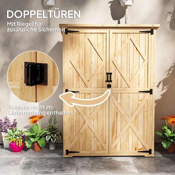 Outsunny Gartenschrank Holz, Geräteschuppen mit Abschließbar Doppeltür Asphalt-Dach Ablage 116,5x57x167cm, wetterfest Geräteschrank, Gerätehaus Gartenschuppen für Garten, Terrasse, Naturholz
