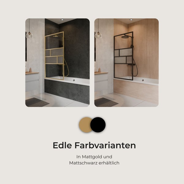 Badewannenaufsatz mit Glasfront und Metallrahmen in Mattgold und Mattschwarz in zwei modernen Badezimmern.