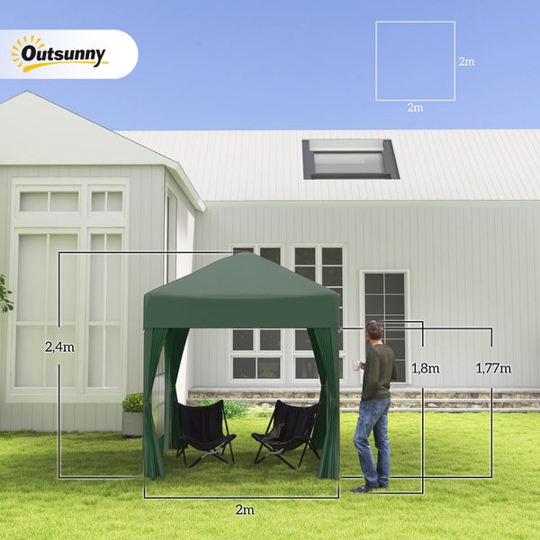 Outsunny Pavillon mit 4 Seitenwänden für Garten, Terrasse, 2 x 2m, Stahl, Oxford, Dunkelgrün