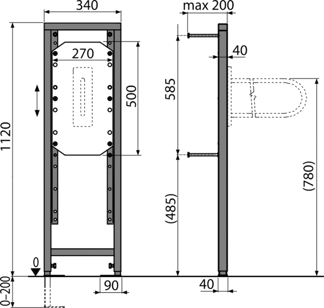 Maßzeichnung eines Vorwandelements mit Front- und Seitenansicht, Maße in Millimetern.