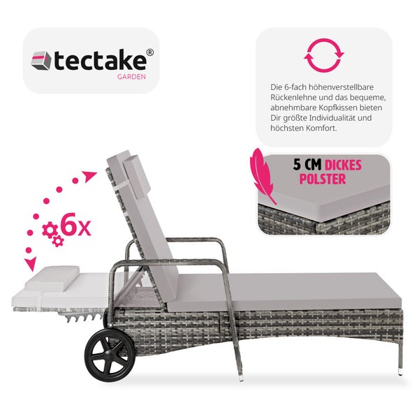 Rattan Sonnenliege tectake Cassis 196 x 72 x 57 - 94,5 cm mit Aluminiumgestell grau