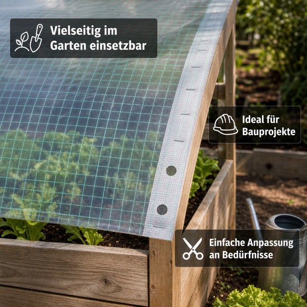 Transparente Gitterfolie als Abdeckung für ein Hochbeet im Garten mit integrierten Ösen und Beweissymbolen für vielseitige Verwendung.