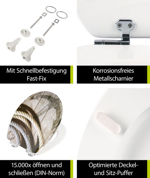 aquaSu® WC-Sitz mit Absenkautomatik, Maritim Motiv Seemannstau, High-Gloss Toilettendeckel mit Holzkern, Fast-Fix, Metallscharnier, Komfort Toilettensitz, Universale Form, Oval, 402934