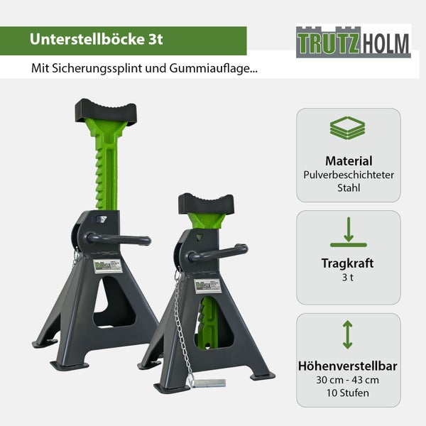 Set von zwei pulverbeschichteten Stahl Unterstellböcken mit Sicherungssplint und Gummiauflage für eine Tragkraft von 3 Tonnen