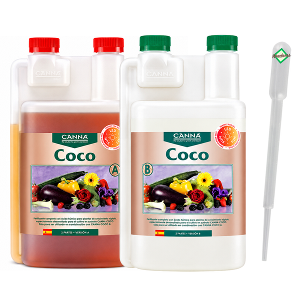 Canna Coco A und B Dünger-Set für Kokos-Substrat in zwei Flaschen inklusive Pipette für die Pflanzenpflege.