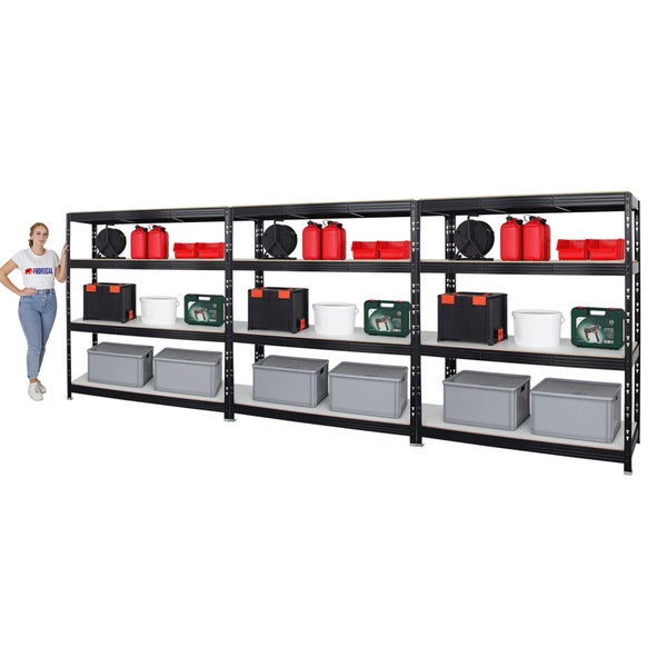 PROREGAL Mega Deal 3x Profi Schwerlastregal Rhino HxBxT 180 x 160 x 60 cm 4 Melamin-Ebenen 16mm Fachlast 500 kg Schwarz