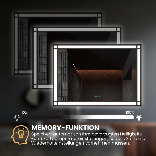 Beleuchteter Badezimmerspiegel mit Memory Funktion und stufenlos einstellbarer Helligkeit von zehn bis einhundert Prozent.
