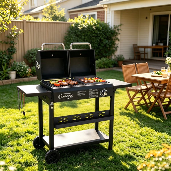 Schwarzer HOMAVO Gasgrill mit zwei Brennkammern, Grillrost und Plancha, auf einem Rasen in einem hellen Garten mit Holzmöbeln im Hintergrund.