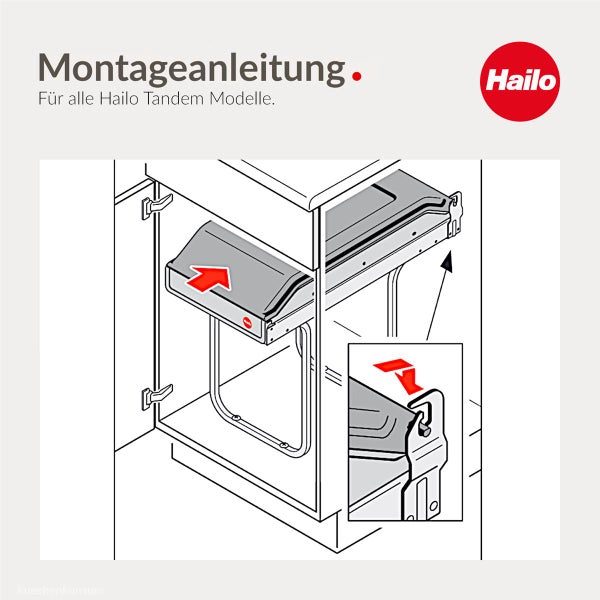Montageanleitung für Hailo Tandem Abfalltrennsysteme mit technischer Zeichnung zum Einbau in einen Unterschrank sowie Hailo Logo.