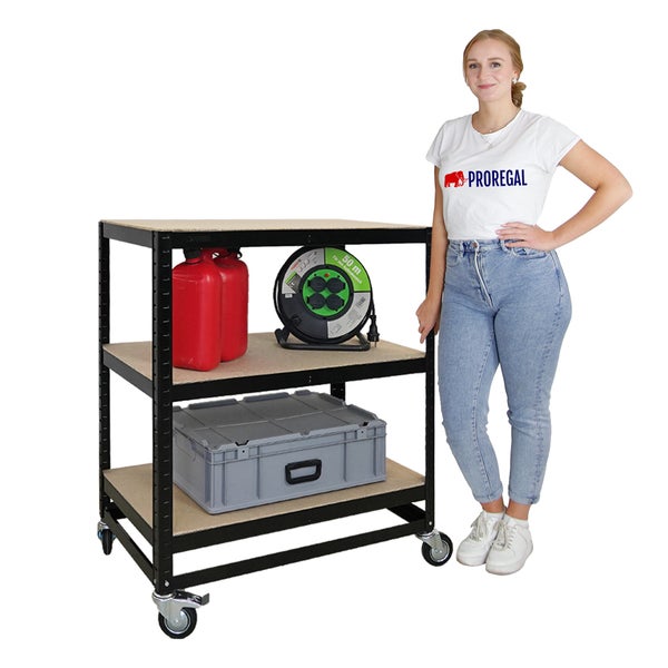 PROREGAL Mega Deal 5x Kommissionierwagen BÜFFEL Fahrbares Kommissionierregal 100x90x50cm 3 Ebenen Fachlast 50kg 2X Lenkrollen & 2X Lenkrollen mit Feststellbremse Schwarz