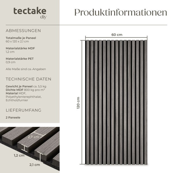 Tectake DIY Paneel mit den Maßen 60 x 120 x 2,1 cm, bestehend aus MDF, Polyethylenterephthalat und Echtholzfurnier
