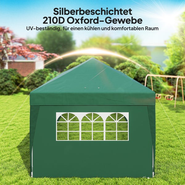 Grüner Gartenpavillon aus silberbeschichtetem 210 Denier Oxford-Gewebe, ultraviolett-beständig, mit Fenster im sonnigen Garten.